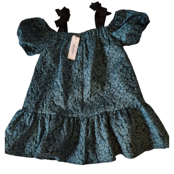 Dark Teal Raised Textured Floral Girls Oversized Party Dress NWT Size S - Picture 2 of 10